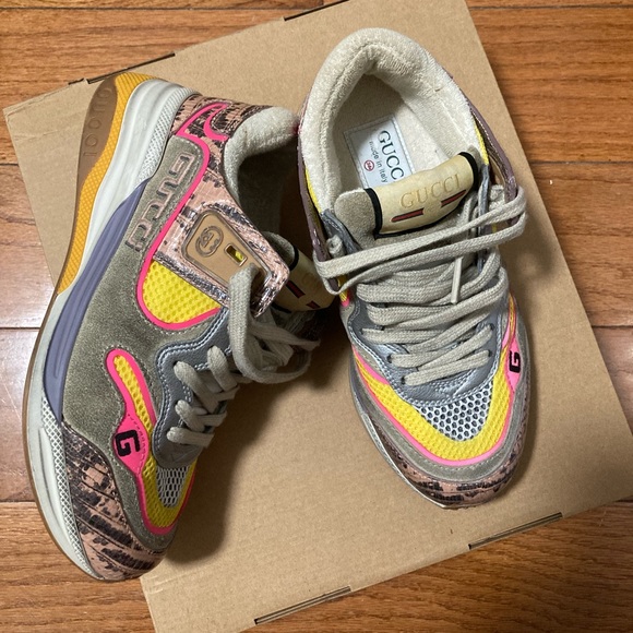 Gucci Ultrapace Sneakers Pink Multi Leather Metallic Reptile Snake Print… - Picture 3 of 11